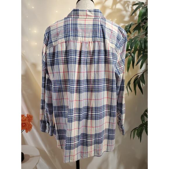 Talbots Classic Cotton Plaid Pearl Button Up Shirt Womens Plus 2X White Blue - Picture 3 of 9